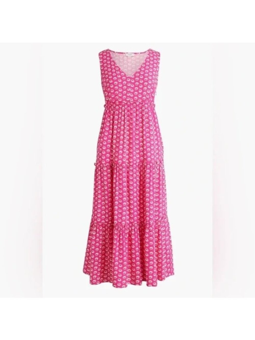 EUC J Crew V Neck Midi Dress Pink White block print Tiered Sundress Pockets  4